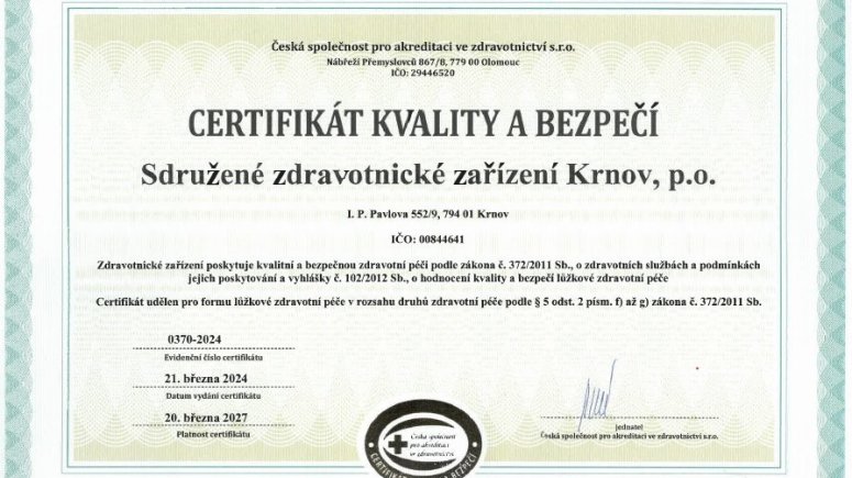 Certifikát kvality a bezpečí pro SZZ Krnov. 